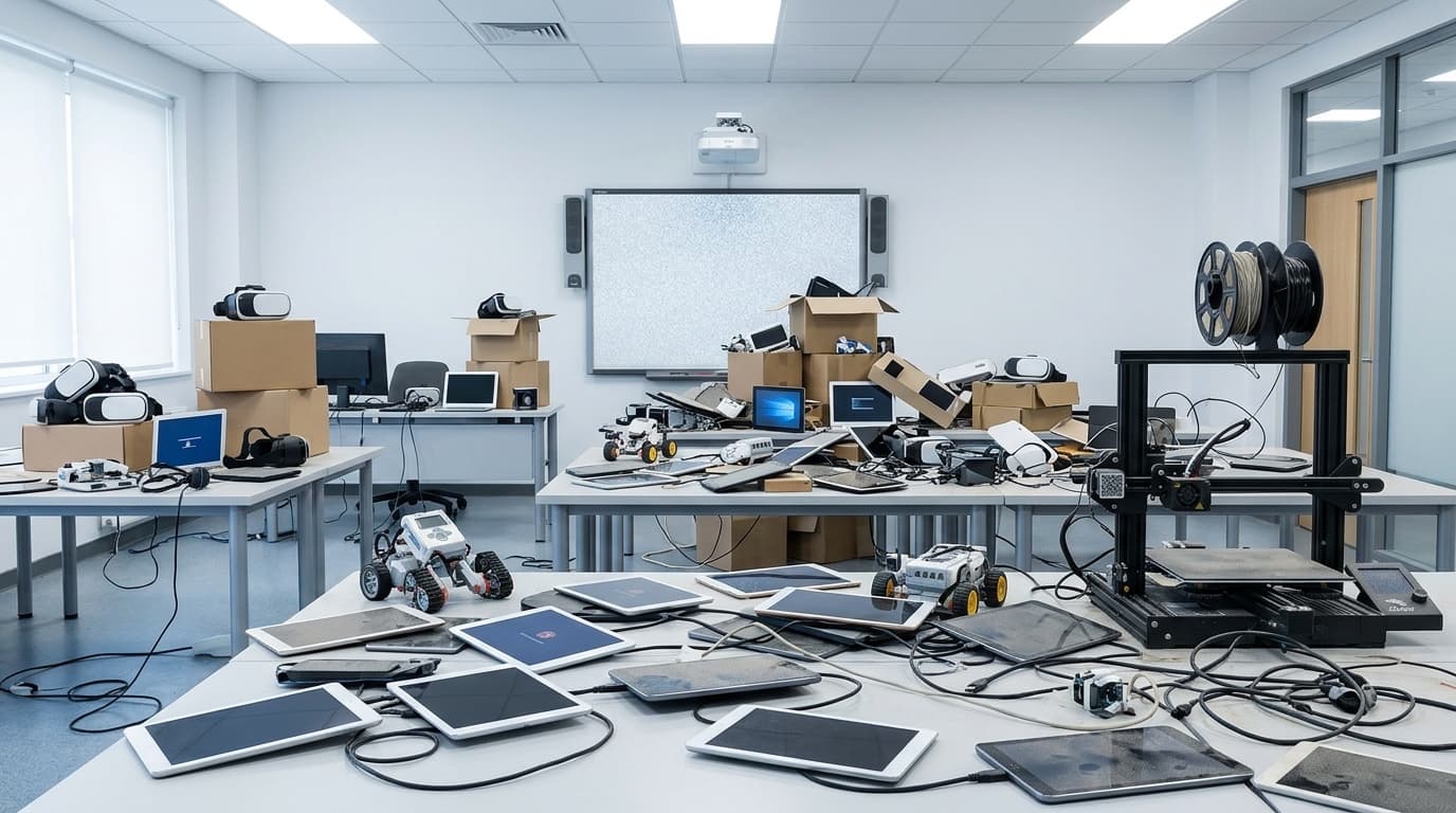 Sala com tablets, óculos de realidade virtual e kits ainda encaixotados