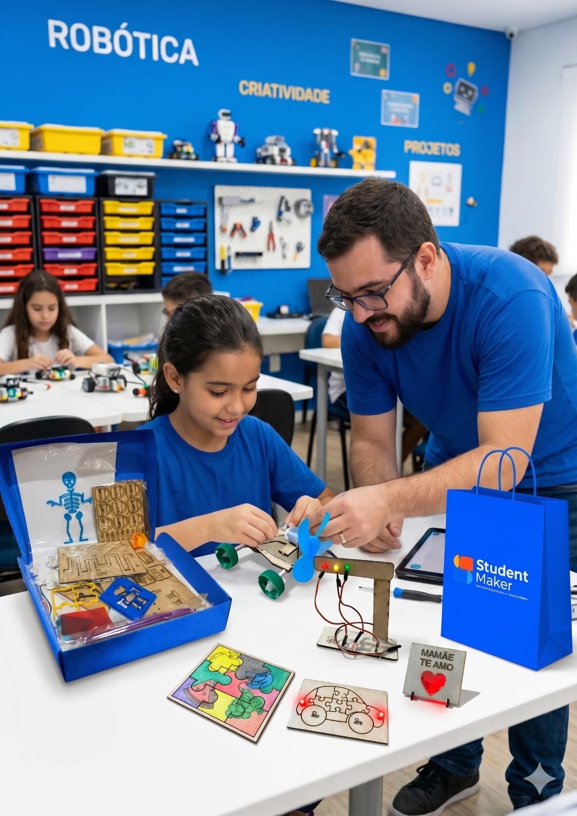 Aluna e instrutor montando o kit da Student Maker numa oficina
